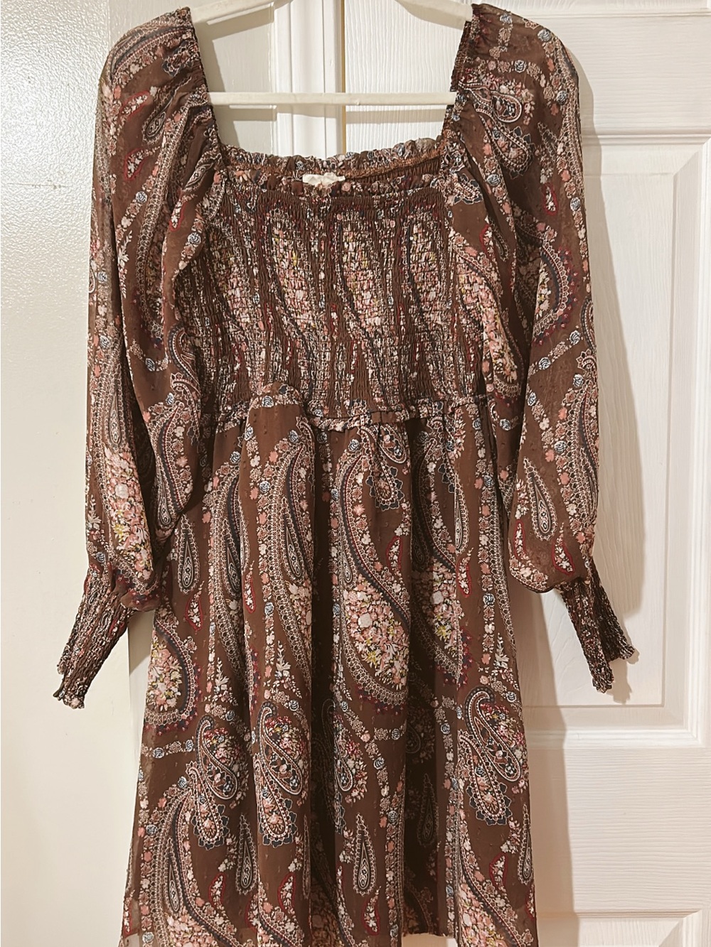 Brown Paisley Smocked Waist Long Sleeve Dress